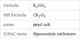 formula | K_2CO_3 Hill formula | CK_2O_3 name | pearl ash IUPAC name | dipotassium carbonate