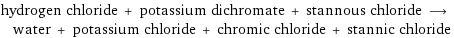 hydrogen chloride + potassium dichromate + stannous chloride ⟶ water + potassium chloride + chromic chloride + stannic chloride