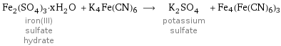 Fe_2(SO_4)_3·xH_2O iron(III) sulfate hydrate + K4Fe(CN)6 ⟶ K_2SO_4 potassium sulfate + Fe4(Fe(CN)6)3