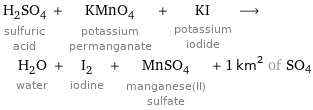 H_2SO_4 sulfuric acid + KMnO_4 potassium permanganate + KI potassium iodide ⟶ H_2O water + I_2 iodine + MnSO_4 manganese(II) sulfate + 1 km^2 of SO4
