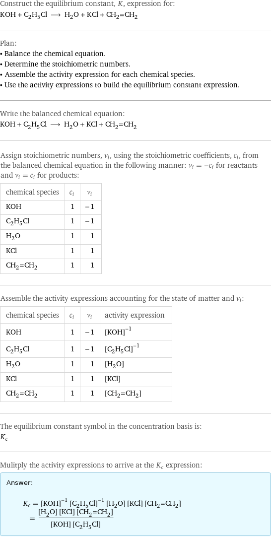 Construct the equilibrium constant, K, expression for: KOH + C_2H_5Cl ⟶ H_2O + KCl + CH_2=CH_2 Plan: • Balance the chemical equation. • Determine the stoichiometric numbers. • Assemble the activity expression for each chemical species. • Use the activity expressions to build the equilibrium constant expression. Write the balanced chemical equation: KOH + C_2H_5Cl ⟶ H_2O + KCl + CH_2=CH_2 Assign stoichiometric numbers, ν_i, using the stoichiometric coefficients, c_i, from the balanced chemical equation in the following manner: ν_i = -c_i for reactants and ν_i = c_i for products: chemical species | c_i | ν_i KOH | 1 | -1 C_2H_5Cl | 1 | -1 H_2O | 1 | 1 KCl | 1 | 1 CH_2=CH_2 | 1 | 1 Assemble the activity expressions accounting for the state of matter and ν_i: chemical species | c_i | ν_i | activity expression KOH | 1 | -1 | ([KOH])^(-1) C_2H_5Cl | 1 | -1 | ([C2H5Cl])^(-1) H_2O | 1 | 1 | [H2O] KCl | 1 | 1 | [KCl] CH_2=CH_2 | 1 | 1 | [CH2=CH2] The equilibrium constant symbol in the concentration basis is: K_c Mulitply the activity expressions to arrive at the K_c expression: Answer: |   | K_c = ([KOH])^(-1) ([C2H5Cl])^(-1) [H2O] [KCl] [CH2=CH2] = ([H2O] [KCl] [CH2=CH2])/([KOH] [C2H5Cl])