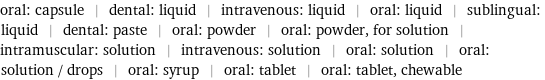 oral: capsule | dental: liquid | intravenous: liquid | oral: liquid | sublingual: liquid | dental: paste | oral: powder | oral: powder, for solution | intramuscular: solution | intravenous: solution | oral: solution | oral: solution / drops | oral: syrup | oral: tablet | oral: tablet, chewable