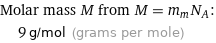 Molar mass M from M = m_mN_A:  | 9 g/mol (grams per mole)