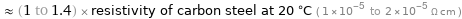  ≈ (1 to 1.4) × resistivity of carbon steel at 20 °C ( 1×10^-5 to 2×10^-5 Ω cm )