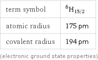 term symbol | ^6H_(15/2) atomic radius | 175 pm covalent radius | 194 pm (electronic ground state properties)