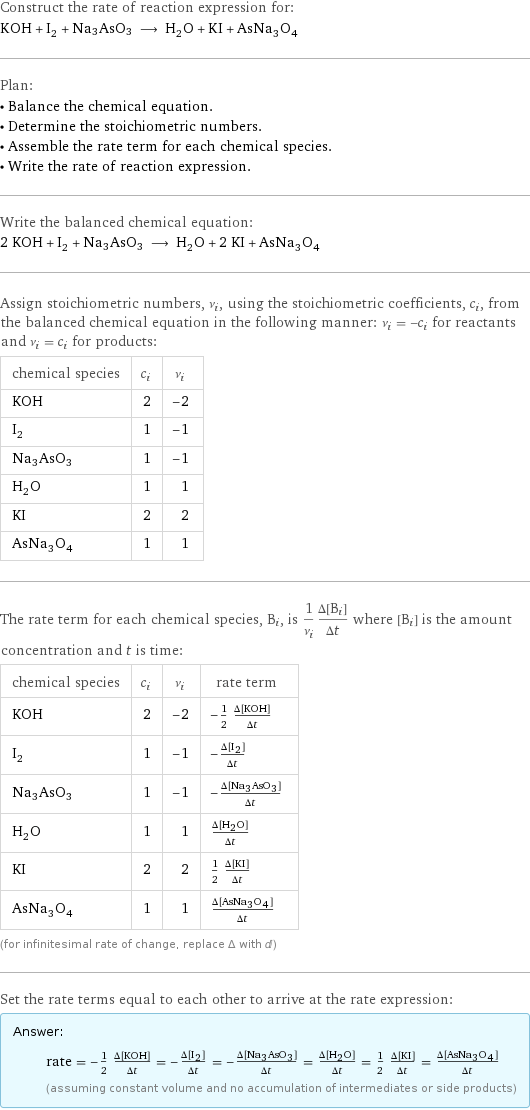 Construct the rate of reaction expression for: KOH + I_2 + Na3AsO3 ⟶ H_2O + KI + AsNa_3O_4 Plan: • Balance the chemical equation. • Determine the stoichiometric numbers. • Assemble the rate term for each chemical species. • Write the rate of reaction expression. Write the balanced chemical equation: 2 KOH + I_2 + Na3AsO3 ⟶ H_2O + 2 KI + AsNa_3O_4 Assign stoichiometric numbers, ν_i, using the stoichiometric coefficients, c_i, from the balanced chemical equation in the following manner: ν_i = -c_i for reactants and ν_i = c_i for products: chemical species | c_i | ν_i KOH | 2 | -2 I_2 | 1 | -1 Na3AsO3 | 1 | -1 H_2O | 1 | 1 KI | 2 | 2 AsNa_3O_4 | 1 | 1 The rate term for each chemical species, B_i, is 1/ν_i(Δ[B_i])/(Δt) where [B_i] is the amount concentration and t is time: chemical species | c_i | ν_i | rate term KOH | 2 | -2 | -1/2 (Δ[KOH])/(Δt) I_2 | 1 | -1 | -(Δ[I2])/(Δt) Na3AsO3 | 1 | -1 | -(Δ[Na3AsO3])/(Δt) H_2O | 1 | 1 | (Δ[H2O])/(Δt) KI | 2 | 2 | 1/2 (Δ[KI])/(Δt) AsNa_3O_4 | 1 | 1 | (Δ[AsNa3O4])/(Δt) (for infinitesimal rate of change, replace Δ with d) Set the rate terms equal to each other to arrive at the rate expression: Answer: |   | rate = -1/2 (Δ[KOH])/(Δt) = -(Δ[I2])/(Δt) = -(Δ[Na3AsO3])/(Δt) = (Δ[H2O])/(Δt) = 1/2 (Δ[KI])/(Δt) = (Δ[AsNa3O4])/(Δt) (assuming constant volume and no accumulation of intermediates or side products)