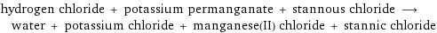 hydrogen chloride + potassium permanganate + stannous chloride ⟶ water + potassium chloride + manganese(II) chloride + stannic chloride