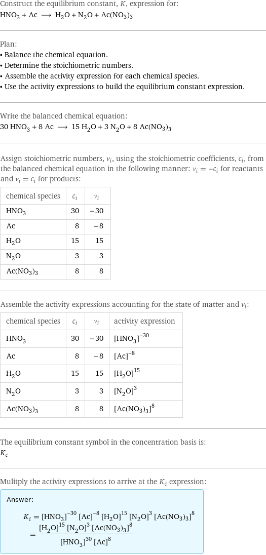 Construct the equilibrium constant, K, expression for: HNO_3 + Ac ⟶ H_2O + N_2O + Ac(NO3)3 Plan: • Balance the chemical equation. • Determine the stoichiometric numbers. • Assemble the activity expression for each chemical species. • Use the activity expressions to build the equilibrium constant expression. Write the balanced chemical equation: 30 HNO_3 + 8 Ac ⟶ 15 H_2O + 3 N_2O + 8 Ac(NO3)3 Assign stoichiometric numbers, ν_i, using the stoichiometric coefficients, c_i, from the balanced chemical equation in the following manner: ν_i = -c_i for reactants and ν_i = c_i for products: chemical species | c_i | ν_i HNO_3 | 30 | -30 Ac | 8 | -8 H_2O | 15 | 15 N_2O | 3 | 3 Ac(NO3)3 | 8 | 8 Assemble the activity expressions accounting for the state of matter and ν_i: chemical species | c_i | ν_i | activity expression HNO_3 | 30 | -30 | ([HNO3])^(-30) Ac | 8 | -8 | ([Ac])^(-8) H_2O | 15 | 15 | ([H2O])^15 N_2O | 3 | 3 | ([N2O])^3 Ac(NO3)3 | 8 | 8 | ([Ac(NO3)3])^8 The equilibrium constant symbol in the concentration basis is: K_c Mulitply the activity expressions to arrive at the K_c expression: Answer: |   | K_c = ([HNO3])^(-30) ([Ac])^(-8) ([H2O])^15 ([N2O])^3 ([Ac(NO3)3])^8 = (([H2O])^15 ([N2O])^3 ([Ac(NO3)3])^8)/(([HNO3])^30 ([Ac])^8)