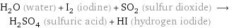 H_2O (water) + I_2 (iodine) + SO_2 (sulfur dioxide) ⟶ H_2SO_4 (sulfuric acid) + HI (hydrogen iodide)