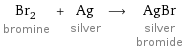 Br_2 bromine + Ag silver ⟶ AgBr silver bromide