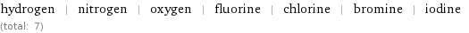 hydrogen | nitrogen | oxygen | fluorine | chlorine | bromine | iodine (total: 7)