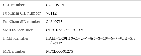 CAS number | 873-49-4 PubChem CID number | 70112 PubChem SID number | 24849715 SMILES identifier | C1CC1C2=CC=CC=C2 InChI identifier | InChI=1/C9H10/c1-2-4-8(5-3-1)9-6-7-9/h1-5, 9H, 6-7H2 MDL number | MFCD00001275