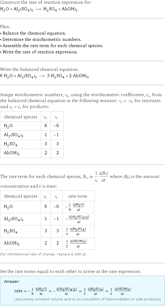 Construct the rate of reaction expression for: H_2O + Al_2(SO_4)_3 ⟶ H_2SO_4 + Al(OH)_3 Plan: • Balance the chemical equation. • Determine the stoichiometric numbers. • Assemble the rate term for each chemical species. • Write the rate of reaction expression. Write the balanced chemical equation: 6 H_2O + Al_2(SO_4)_3 ⟶ 3 H_2SO_4 + 2 Al(OH)_3 Assign stoichiometric numbers, ν_i, using the stoichiometric coefficients, c_i, from the balanced chemical equation in the following manner: ν_i = -c_i for reactants and ν_i = c_i for products: chemical species | c_i | ν_i H_2O | 6 | -6 Al_2(SO_4)_3 | 1 | -1 H_2SO_4 | 3 | 3 Al(OH)_3 | 2 | 2 The rate term for each chemical species, B_i, is 1/ν_i(Δ[B_i])/(Δt) where [B_i] is the amount concentration and t is time: chemical species | c_i | ν_i | rate term H_2O | 6 | -6 | -1/6 (Δ[H2O])/(Δt) Al_2(SO_4)_3 | 1 | -1 | -(Δ[Al2(SO4)3])/(Δt) H_2SO_4 | 3 | 3 | 1/3 (Δ[H2SO4])/(Δt) Al(OH)_3 | 2 | 2 | 1/2 (Δ[Al(OH)3])/(Δt) (for infinitesimal rate of change, replace Δ with d) Set the rate terms equal to each other to arrive at the rate expression: Answer: |   | rate = -1/6 (Δ[H2O])/(Δt) = -(Δ[Al2(SO4)3])/(Δt) = 1/3 (Δ[H2SO4])/(Δt) = 1/2 (Δ[Al(OH)3])/(Δt) (assuming constant volume and no accumulation of intermediates or side products)