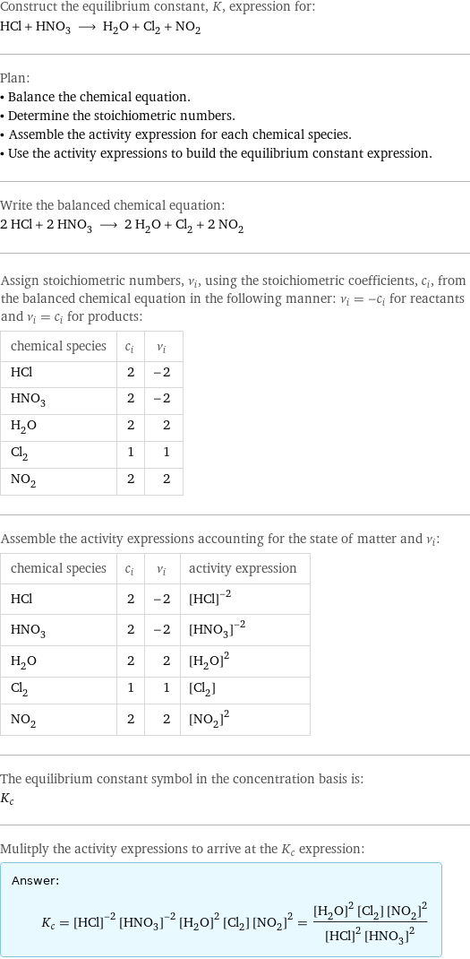 Construct the equilibrium constant, K, expression for: HCl + HNO_3 ⟶ H_2O + Cl_2 + NO_2 Plan: • Balance the chemical equation. • Determine the stoichiometric numbers. • Assemble the activity expression for each chemical species. • Use the activity expressions to build the equilibrium constant expression. Write the balanced chemical equation: 2 HCl + 2 HNO_3 ⟶ 2 H_2O + Cl_2 + 2 NO_2 Assign stoichiometric numbers, ν_i, using the stoichiometric coefficients, c_i, from the balanced chemical equation in the following manner: ν_i = -c_i for reactants and ν_i = c_i for products: chemical species | c_i | ν_i HCl | 2 | -2 HNO_3 | 2 | -2 H_2O | 2 | 2 Cl_2 | 1 | 1 NO_2 | 2 | 2 Assemble the activity expressions accounting for the state of matter and ν_i: chemical species | c_i | ν_i | activity expression HCl | 2 | -2 | ([HCl])^(-2) HNO_3 | 2 | -2 | ([HNO3])^(-2) H_2O | 2 | 2 | ([H2O])^2 Cl_2 | 1 | 1 | [Cl2] NO_2 | 2 | 2 | ([NO2])^2 The equilibrium constant symbol in the concentration basis is: K_c Mulitply the activity expressions to arrive at the K_c expression: Answer: |   | K_c = ([HCl])^(-2) ([HNO3])^(-2) ([H2O])^2 [Cl2] ([NO2])^2 = (([H2O])^2 [Cl2] ([NO2])^2)/(([HCl])^2 ([HNO3])^2)