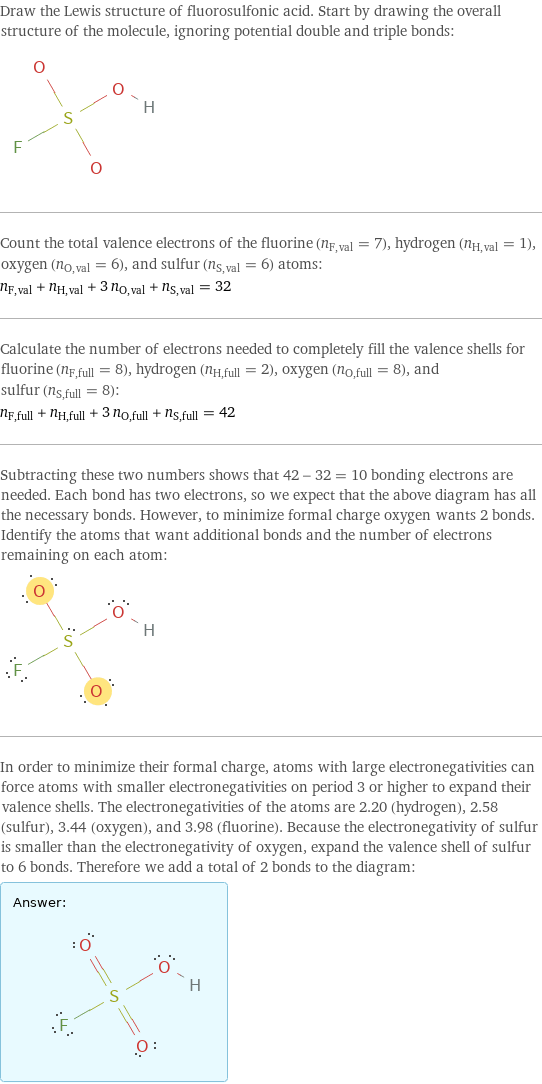 Draw the Lewis structure of fluorosulfonic acid. Start by drawing the overall structure of the molecule, ignoring potential double and triple bonds:  Count the total valence electrons of the fluorine (n_F, val = 7), hydrogen (n_H, val = 1), oxygen (n_O, val = 6), and sulfur (n_S, val = 6) atoms: n_F, val + n_H, val + 3 n_O, val + n_S, val = 32 Calculate the number of electrons needed to completely fill the valence shells for fluorine (n_F, full = 8), hydrogen (n_H, full = 2), oxygen (n_O, full = 8), and sulfur (n_S, full = 8): n_F, full + n_H, full + 3 n_O, full + n_S, full = 42 Subtracting these two numbers shows that 42 - 32 = 10 bonding electrons are needed. Each bond has two electrons, so we expect that the above diagram has all the necessary bonds. However, to minimize formal charge oxygen wants 2 bonds. Identify the atoms that want additional bonds and the number of electrons remaining on each atom:  In order to minimize their formal charge, atoms with large electronegativities can force atoms with smaller electronegativities on period 3 or higher to expand their valence shells. The electronegativities of the atoms are 2.20 (hydrogen), 2.58 (sulfur), 3.44 (oxygen), and 3.98 (fluorine). Because the electronegativity of sulfur is smaller than the electronegativity of oxygen, expand the valence shell of sulfur to 6 bonds. Therefore we add a total of 2 bonds to the diagram: Answer: |   | 