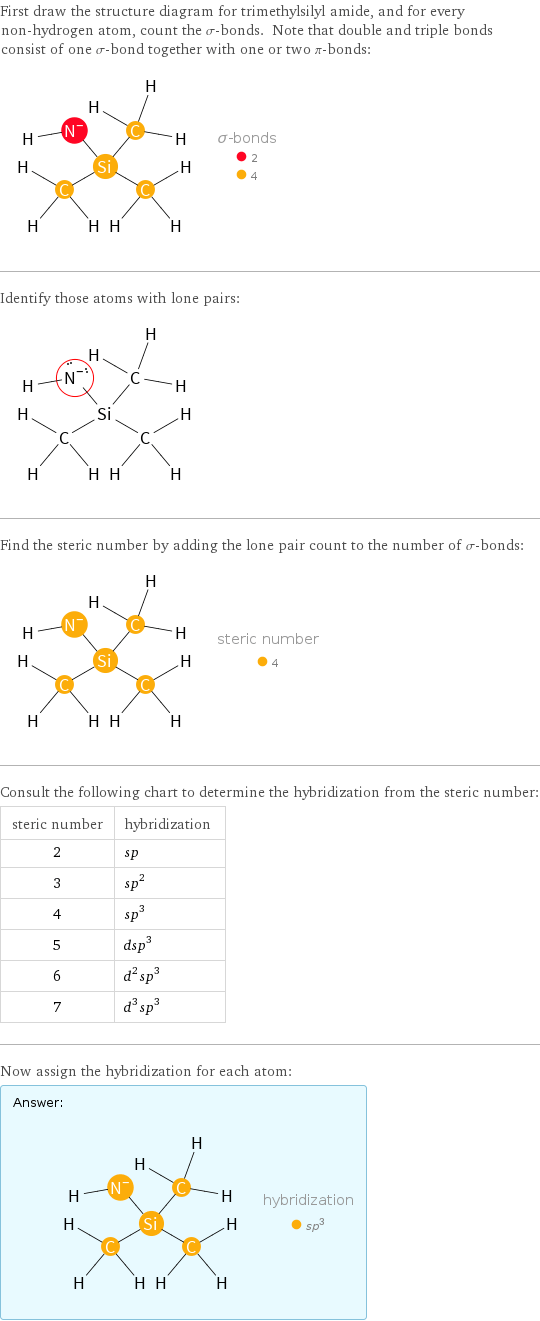 First draw the structure diagram for trimethylsilyl amide, and for every non-hydrogen atom, count the σ-bonds. Note that double and triple bonds consist of one σ-bond together with one or two π-bonds:  Identify those atoms with lone pairs:  Find the steric number by adding the lone pair count to the number of σ-bonds:  Consult the following chart to determine the hybridization from the steric number: steric number | hybridization 2 | sp 3 | sp^2 4 | sp^3 5 | dsp^3 6 | d^2sp^3 7 | d^3sp^3 Now assign the hybridization for each atom: Answer: |   | 