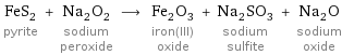 FeS_2 pyrite + Na_2O_2 sodium peroxide ⟶ Fe_2O_3 iron(III) oxide + Na_2SO_3 sodium sulfite + Na_2O sodium oxide