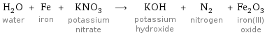 H_2O water + Fe iron + KNO_3 potassium nitrate ⟶ KOH potassium hydroxide + N_2 nitrogen + Fe_2O_3 iron(III) oxide