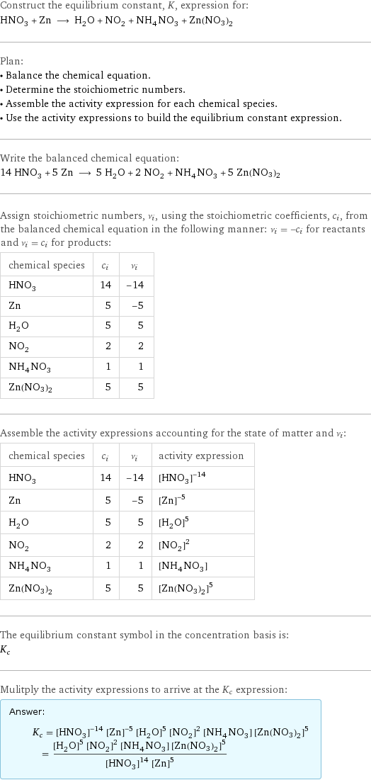 Construct the equilibrium constant, K, expression for: HNO_3 + Zn ⟶ H_2O + NO_2 + NH_4NO_3 + Zn(NO3)2 Plan: • Balance the chemical equation. • Determine the stoichiometric numbers. • Assemble the activity expression for each chemical species. • Use the activity expressions to build the equilibrium constant expression. Write the balanced chemical equation: 14 HNO_3 + 5 Zn ⟶ 5 H_2O + 2 NO_2 + NH_4NO_3 + 5 Zn(NO3)2 Assign stoichiometric numbers, ν_i, using the stoichiometric coefficients, c_i, from the balanced chemical equation in the following manner: ν_i = -c_i for reactants and ν_i = c_i for products: chemical species | c_i | ν_i HNO_3 | 14 | -14 Zn | 5 | -5 H_2O | 5 | 5 NO_2 | 2 | 2 NH_4NO_3 | 1 | 1 Zn(NO3)2 | 5 | 5 Assemble the activity expressions accounting for the state of matter and ν_i: chemical species | c_i | ν_i | activity expression HNO_3 | 14 | -14 | ([HNO3])^(-14) Zn | 5 | -5 | ([Zn])^(-5) H_2O | 5 | 5 | ([H2O])^5 NO_2 | 2 | 2 | ([NO2])^2 NH_4NO_3 | 1 | 1 | [NH4NO3] Zn(NO3)2 | 5 | 5 | ([Zn(NO3)2])^5 The equilibrium constant symbol in the concentration basis is: K_c Mulitply the activity expressions to arrive at the K_c expression: Answer: |   | K_c = ([HNO3])^(-14) ([Zn])^(-5) ([H2O])^5 ([NO2])^2 [NH4NO3] ([Zn(NO3)2])^5 = (([H2O])^5 ([NO2])^2 [NH4NO3] ([Zn(NO3)2])^5)/(([HNO3])^14 ([Zn])^5)