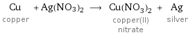 Cu copper + Ag(NO3)2 ⟶ Cu(NO_3)_2 copper(II) nitrate + Ag silver