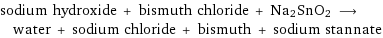 sodium hydroxide + bismuth chloride + Na2SnO2 ⟶ water + sodium chloride + bismuth + sodium stannate