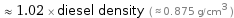  ≈ 1.02 × diesel density ( ≈ 0.875 g/cm^3 )