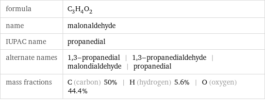 formula | C_3H_4O_2 name | malonaldehyde IUPAC name | propanedial alternate names | 1, 3-propanedial | 1, 3-propanedialdehyde | malondialdehyde | propanedial mass fractions | C (carbon) 50% | H (hydrogen) 5.6% | O (oxygen) 44.4%