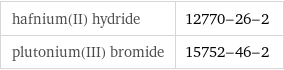 hafnium(II) hydride | 12770-26-2 plutonium(III) bromide | 15752-46-2