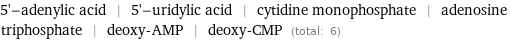 5'-adenylic acid | 5'-uridylic acid | cytidine monophosphate | adenosine triphosphate | deoxy-AMP | deoxy-CMP (total: 6)