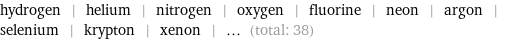 hydrogen | helium | nitrogen | oxygen | fluorine | neon | argon | selenium | krypton | xenon | ... (total: 38)