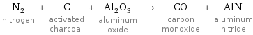 N_2 nitrogen + C activated charcoal + Al_2O_3 aluminum oxide ⟶ CO carbon monoxide + AlN aluminum nitride