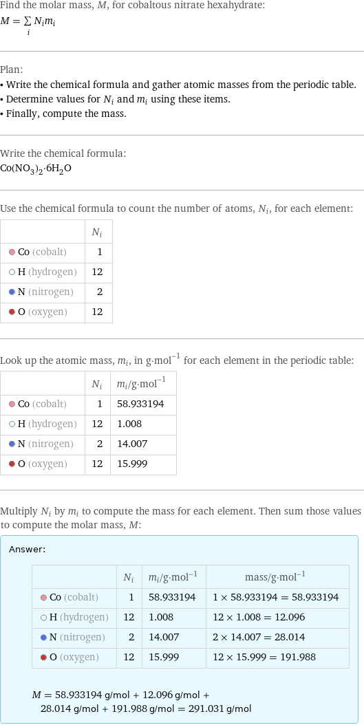 Find the molar mass, M, for cobaltous nitrate hexahydrate: M = sum _iN_im_i Plan: • Write the chemical formula and gather atomic masses from the periodic table. • Determine values for N_i and m_i using these items. • Finally, compute the mass. Write the chemical formula: Co(NO_3)_2·6H_2O Use the chemical formula to count the number of atoms, N_i, for each element:  | N_i  Co (cobalt) | 1  H (hydrogen) | 12  N (nitrogen) | 2  O (oxygen) | 12 Look up the atomic mass, m_i, in g·mol^(-1) for each element in the periodic table:  | N_i | m_i/g·mol^(-1)  Co (cobalt) | 1 | 58.933194  H (hydrogen) | 12 | 1.008  N (nitrogen) | 2 | 14.007  O (oxygen) | 12 | 15.999 Multiply N_i by m_i to compute the mass for each element. Then sum those values to compute the molar mass, M: Answer: |   | | N_i | m_i/g·mol^(-1) | mass/g·mol^(-1)  Co (cobalt) | 1 | 58.933194 | 1 × 58.933194 = 58.933194  H (hydrogen) | 12 | 1.008 | 12 × 1.008 = 12.096  N (nitrogen) | 2 | 14.007 | 2 × 14.007 = 28.014  O (oxygen) | 12 | 15.999 | 12 × 15.999 = 191.988  M = 58.933194 g/mol + 12.096 g/mol + 28.014 g/mol + 191.988 g/mol = 291.031 g/mol