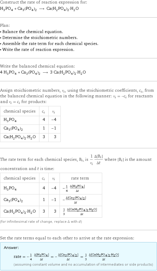 Construct the rate of reaction expression for: H_3PO_4 + Ca_3(PO_4)_2 ⟶ Ca(H_2PO_4)_2·H_2O Plan: • Balance the chemical equation. • Determine the stoichiometric numbers. • Assemble the rate term for each chemical species. • Write the rate of reaction expression. Write the balanced chemical equation: 4 H_3PO_4 + Ca_3(PO_4)_2 ⟶ 3 Ca(H_2PO_4)_2·H_2O Assign stoichiometric numbers, ν_i, using the stoichiometric coefficients, c_i, from the balanced chemical equation in the following manner: ν_i = -c_i for reactants and ν_i = c_i for products: chemical species | c_i | ν_i H_3PO_4 | 4 | -4 Ca_3(PO_4)_2 | 1 | -1 Ca(H_2PO_4)_2·H_2O | 3 | 3 The rate term for each chemical species, B_i, is 1/ν_i(Δ[B_i])/(Δt) where [B_i] is the amount concentration and t is time: chemical species | c_i | ν_i | rate term H_3PO_4 | 4 | -4 | -1/4 (Δ[H3PO4])/(Δt) Ca_3(PO_4)_2 | 1 | -1 | -(Δ[Ca3(PO4)2])/(Δt) Ca(H_2PO_4)_2·H_2O | 3 | 3 | 1/3 (Δ[Ca(H2PO4)2·H2O])/(Δt) (for infinitesimal rate of change, replace Δ with d) Set the rate terms equal to each other to arrive at the rate expression: Answer: |   | rate = -1/4 (Δ[H3PO4])/(Δt) = -(Δ[Ca3(PO4)2])/(Δt) = 1/3 (Δ[Ca(H2PO4)2·H2O])/(Δt) (assuming constant volume and no accumulation of intermediates or side products)