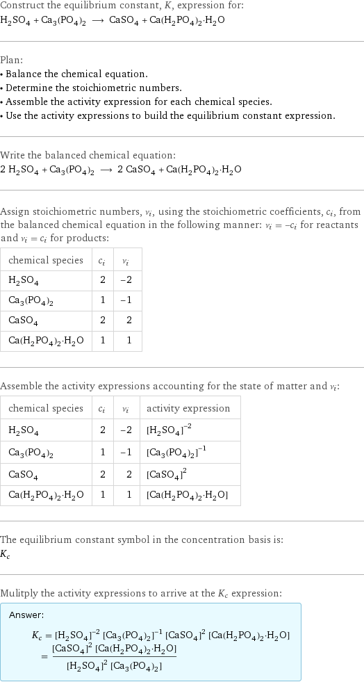 Construct the equilibrium constant, K, expression for: H_2SO_4 + Ca_3(PO_4)_2 ⟶ CaSO_4 + Ca(H_2PO_4)_2·H_2O Plan: • Balance the chemical equation. • Determine the stoichiometric numbers. • Assemble the activity expression for each chemical species. • Use the activity expressions to build the equilibrium constant expression. Write the balanced chemical equation: 2 H_2SO_4 + Ca_3(PO_4)_2 ⟶ 2 CaSO_4 + Ca(H_2PO_4)_2·H_2O Assign stoichiometric numbers, ν_i, using the stoichiometric coefficients, c_i, from the balanced chemical equation in the following manner: ν_i = -c_i for reactants and ν_i = c_i for products: chemical species | c_i | ν_i H_2SO_4 | 2 | -2 Ca_3(PO_4)_2 | 1 | -1 CaSO_4 | 2 | 2 Ca(H_2PO_4)_2·H_2O | 1 | 1 Assemble the activity expressions accounting for the state of matter and ν_i: chemical species | c_i | ν_i | activity expression H_2SO_4 | 2 | -2 | ([H2SO4])^(-2) Ca_3(PO_4)_2 | 1 | -1 | ([Ca3(PO4)2])^(-1) CaSO_4 | 2 | 2 | ([CaSO4])^2 Ca(H_2PO_4)_2·H_2O | 1 | 1 | [Ca(H2PO4)2·H2O] The equilibrium constant symbol in the concentration basis is: K_c Mulitply the activity expressions to arrive at the K_c expression: Answer: |   | K_c = ([H2SO4])^(-2) ([Ca3(PO4)2])^(-1) ([CaSO4])^2 [Ca(H2PO4)2·H2O] = (([CaSO4])^2 [Ca(H2PO4)2·H2O])/(([H2SO4])^2 [Ca3(PO4)2])