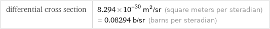 differential cross section | 8.294×10^-30 m^2/sr (square meters per steradian) = 0.08294 b/sr (barns per steradian)