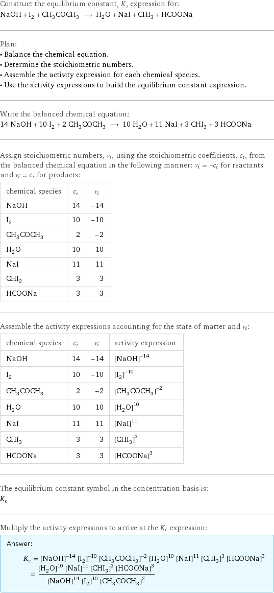 Construct the equilibrium constant, K, expression for: NaOH + I_2 + CH_3COCH_3 ⟶ H_2O + NaI + CHI_3 + HCOONa Plan: • Balance the chemical equation. • Determine the stoichiometric numbers. • Assemble the activity expression for each chemical species. • Use the activity expressions to build the equilibrium constant expression. Write the balanced chemical equation: 14 NaOH + 10 I_2 + 2 CH_3COCH_3 ⟶ 10 H_2O + 11 NaI + 3 CHI_3 + 3 HCOONa Assign stoichiometric numbers, ν_i, using the stoichiometric coefficients, c_i, from the balanced chemical equation in the following manner: ν_i = -c_i for reactants and ν_i = c_i for products: chemical species | c_i | ν_i NaOH | 14 | -14 I_2 | 10 | -10 CH_3COCH_3 | 2 | -2 H_2O | 10 | 10 NaI | 11 | 11 CHI_3 | 3 | 3 HCOONa | 3 | 3 Assemble the activity expressions accounting for the state of matter and ν_i: chemical species | c_i | ν_i | activity expression NaOH | 14 | -14 | ([NaOH])^(-14) I_2 | 10 | -10 | ([I2])^(-10) CH_3COCH_3 | 2 | -2 | ([CH3COCH3])^(-2) H_2O | 10 | 10 | ([H2O])^10 NaI | 11 | 11 | ([NaI])^11 CHI_3 | 3 | 3 | ([CHI3])^3 HCOONa | 3 | 3 | ([HCOONa])^3 The equilibrium constant symbol in the concentration basis is: K_c Mulitply the activity expressions to arrive at the K_c expression: Answer: |   | K_c = ([NaOH])^(-14) ([I2])^(-10) ([CH3COCH3])^(-2) ([H2O])^10 ([NaI])^11 ([CHI3])^3 ([HCOONa])^3 = (([H2O])^10 ([NaI])^11 ([CHI3])^3 ([HCOONa])^3)/(([NaOH])^14 ([I2])^10 ([CH3COCH3])^2)