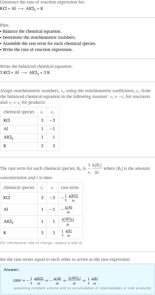 Construct the rate of reaction expression for: KCl + Al ⟶ AlCl_3 + K Plan: • Balance the chemical equation. • Determine the stoichiometric numbers. • Assemble the rate term for each chemical species. • Write the rate of reaction expression. Write the balanced chemical equation: 3 KCl + Al ⟶ AlCl_3 + 3 K Assign stoichiometric numbers, ν_i, using the stoichiometric coefficients, c_i, from the balanced chemical equation in the following manner: ν_i = -c_i for reactants and ν_i = c_i for products: chemical species | c_i | ν_i KCl | 3 | -3 Al | 1 | -1 AlCl_3 | 1 | 1 K | 3 | 3 The rate term for each chemical species, B_i, is 1/ν_i(Δ[B_i])/(Δt) where [B_i] is the amount concentration and t is time: chemical species | c_i | ν_i | rate term KCl | 3 | -3 | -1/3 (Δ[KCl])/(Δt) Al | 1 | -1 | -(Δ[Al])/(Δt) AlCl_3 | 1 | 1 | (Δ[AlCl3])/(Δt) K | 3 | 3 | 1/3 (Δ[K])/(Δt) (for infinitesimal rate of change, replace Δ with d) Set the rate terms equal to each other to arrive at the rate expression: Answer: |   | rate = -1/3 (Δ[KCl])/(Δt) = -(Δ[Al])/(Δt) = (Δ[AlCl3])/(Δt) = 1/3 (Δ[K])/(Δt) (assuming constant volume and no accumulation of intermediates or side products)