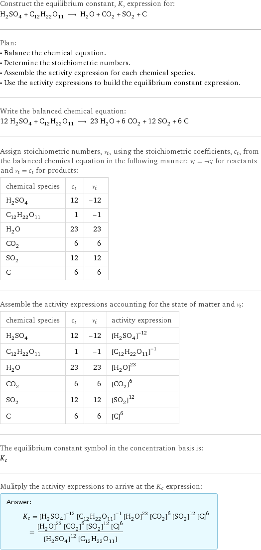 Construct the equilibrium constant, K, expression for: H_2SO_4 + C_12H_22O_11 ⟶ H_2O + CO_2 + SO_2 + C Plan: • Balance the chemical equation. • Determine the stoichiometric numbers. • Assemble the activity expression for each chemical species. • Use the activity expressions to build the equilibrium constant expression. Write the balanced chemical equation: 12 H_2SO_4 + C_12H_22O_11 ⟶ 23 H_2O + 6 CO_2 + 12 SO_2 + 6 C Assign stoichiometric numbers, ν_i, using the stoichiometric coefficients, c_i, from the balanced chemical equation in the following manner: ν_i = -c_i for reactants and ν_i = c_i for products: chemical species | c_i | ν_i H_2SO_4 | 12 | -12 C_12H_22O_11 | 1 | -1 H_2O | 23 | 23 CO_2 | 6 | 6 SO_2 | 12 | 12 C | 6 | 6 Assemble the activity expressions accounting for the state of matter and ν_i: chemical species | c_i | ν_i | activity expression H_2SO_4 | 12 | -12 | ([H2SO4])^(-12) C_12H_22O_11 | 1 | -1 | ([C12H22O11])^(-1) H_2O | 23 | 23 | ([H2O])^23 CO_2 | 6 | 6 | ([CO2])^6 SO_2 | 12 | 12 | ([SO2])^12 C | 6 | 6 | ([C])^6 The equilibrium constant symbol in the concentration basis is: K_c Mulitply the activity expressions to arrive at the K_c expression: Answer: |   | K_c = ([H2SO4])^(-12) ([C12H22O11])^(-1) ([H2O])^23 ([CO2])^6 ([SO2])^12 ([C])^6 = (([H2O])^23 ([CO2])^6 ([SO2])^12 ([C])^6)/(([H2SO4])^12 [C12H22O11])