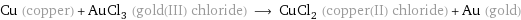 Cu (copper) + AuCl_3 (gold(III) chloride) ⟶ CuCl_2 (copper(II) chloride) + Au (gold)