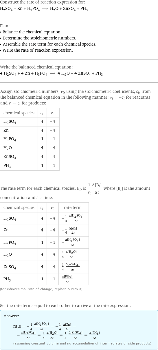 Construct the rate of reaction expression for: H_2SO_4 + Zn + H_3PO_4 ⟶ H_2O + ZnSO_4 + PH_3 Plan: • Balance the chemical equation. • Determine the stoichiometric numbers. • Assemble the rate term for each chemical species. • Write the rate of reaction expression. Write the balanced chemical equation: 4 H_2SO_4 + 4 Zn + H_3PO_4 ⟶ 4 H_2O + 4 ZnSO_4 + PH_3 Assign stoichiometric numbers, ν_i, using the stoichiometric coefficients, c_i, from the balanced chemical equation in the following manner: ν_i = -c_i for reactants and ν_i = c_i for products: chemical species | c_i | ν_i H_2SO_4 | 4 | -4 Zn | 4 | -4 H_3PO_4 | 1 | -1 H_2O | 4 | 4 ZnSO_4 | 4 | 4 PH_3 | 1 | 1 The rate term for each chemical species, B_i, is 1/ν_i(Δ[B_i])/(Δt) where [B_i] is the amount concentration and t is time: chemical species | c_i | ν_i | rate term H_2SO_4 | 4 | -4 | -1/4 (Δ[H2SO4])/(Δt) Zn | 4 | -4 | -1/4 (Δ[Zn])/(Δt) H_3PO_4 | 1 | -1 | -(Δ[H3PO4])/(Δt) H_2O | 4 | 4 | 1/4 (Δ[H2O])/(Δt) ZnSO_4 | 4 | 4 | 1/4 (Δ[ZnSO4])/(Δt) PH_3 | 1 | 1 | (Δ[PH3])/(Δt) (for infinitesimal rate of change, replace Δ with d) Set the rate terms equal to each other to arrive at the rate expression: Answer: |   | rate = -1/4 (Δ[H2SO4])/(Δt) = -1/4 (Δ[Zn])/(Δt) = -(Δ[H3PO4])/(Δt) = 1/4 (Δ[H2O])/(Δt) = 1/4 (Δ[ZnSO4])/(Δt) = (Δ[PH3])/(Δt) (assuming constant volume and no accumulation of intermediates or side products)