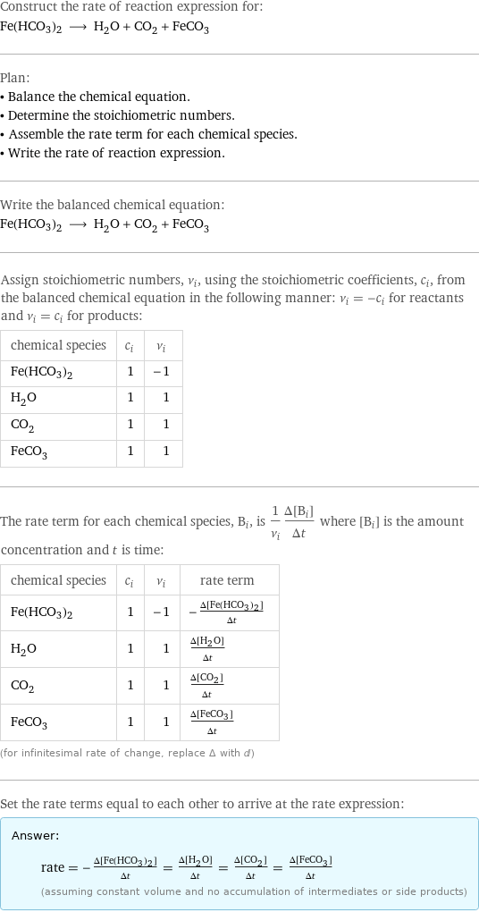 Construct the rate of reaction expression for: Fe(HCO3)2 ⟶ H_2O + CO_2 + FeCO_3 Plan: • Balance the chemical equation. • Determine the stoichiometric numbers. • Assemble the rate term for each chemical species. • Write the rate of reaction expression. Write the balanced chemical equation: Fe(HCO3)2 ⟶ H_2O + CO_2 + FeCO_3 Assign stoichiometric numbers, ν_i, using the stoichiometric coefficients, c_i, from the balanced chemical equation in the following manner: ν_i = -c_i for reactants and ν_i = c_i for products: chemical species | c_i | ν_i Fe(HCO3)2 | 1 | -1 H_2O | 1 | 1 CO_2 | 1 | 1 FeCO_3 | 1 | 1 The rate term for each chemical species, B_i, is 1/ν_i(Δ[B_i])/(Δt) where [B_i] is the amount concentration and t is time: chemical species | c_i | ν_i | rate term Fe(HCO3)2 | 1 | -1 | -(Δ[Fe(HCO3)2])/(Δt) H_2O | 1 | 1 | (Δ[H2O])/(Δt) CO_2 | 1 | 1 | (Δ[CO2])/(Δt) FeCO_3 | 1 | 1 | (Δ[FeCO3])/(Δt) (for infinitesimal rate of change, replace Δ with d) Set the rate terms equal to each other to arrive at the rate expression: Answer: |   | rate = -(Δ[Fe(HCO3)2])/(Δt) = (Δ[H2O])/(Δt) = (Δ[CO2])/(Δt) = (Δ[FeCO3])/(Δt) (assuming constant volume and no accumulation of intermediates or side products)