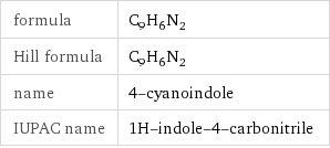 formula | C_9H_6N_2 Hill formula | C_9H_6N_2 name | 4-cyanoindole IUPAC name | 1H-indole-4-carbonitrile