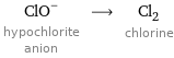 (ClO)^- hypochlorite anion ⟶ Cl_2 chlorine