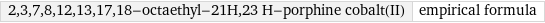 2, 3, 7, 8, 12, 13, 17, 18-octaethyl-21H, 23 H-porphine cobalt(II) | empirical formula