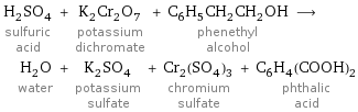 H_2SO_4 sulfuric acid + K_2Cr_2O_7 potassium dichromate + C_6H_5CH_2CH_2OH phenethyl alcohol ⟶ H_2O water + K_2SO_4 potassium sulfate + Cr_2(SO_4)_3 chromium sulfate + C_6H_4(COOH)_2 phthalic acid