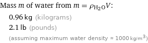 Mass m of water from m = ρ_(H_2O)V:  | 0.96 kg (kilograms)  | 2.1 lb (pounds)  | (assuming maximum water density ≈ 1000 kg/m^3)