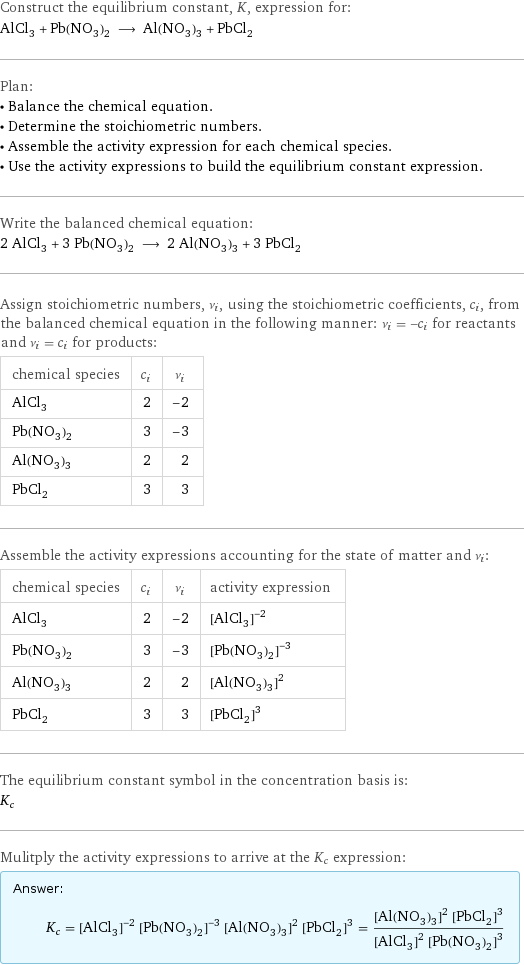 Construct the equilibrium constant, K, expression for: AlCl_3 + Pb(NO_3)_2 ⟶ Al(NO_3)_3 + PbCl_2 Plan: • Balance the chemical equation. • Determine the stoichiometric numbers. • Assemble the activity expression for each chemical species. • Use the activity expressions to build the equilibrium constant expression. Write the balanced chemical equation: 2 AlCl_3 + 3 Pb(NO_3)_2 ⟶ 2 Al(NO_3)_3 + 3 PbCl_2 Assign stoichiometric numbers, ν_i, using the stoichiometric coefficients, c_i, from the balanced chemical equation in the following manner: ν_i = -c_i for reactants and ν_i = c_i for products: chemical species | c_i | ν_i AlCl_3 | 2 | -2 Pb(NO_3)_2 | 3 | -3 Al(NO_3)_3 | 2 | 2 PbCl_2 | 3 | 3 Assemble the activity expressions accounting for the state of matter and ν_i: chemical species | c_i | ν_i | activity expression AlCl_3 | 2 | -2 | ([AlCl3])^(-2) Pb(NO_3)_2 | 3 | -3 | ([Pb(NO3)2])^(-3) Al(NO_3)_3 | 2 | 2 | ([Al(NO3)3])^2 PbCl_2 | 3 | 3 | ([PbCl2])^3 The equilibrium constant symbol in the concentration basis is: K_c Mulitply the activity expressions to arrive at the K_c expression: Answer: |   | K_c = ([AlCl3])^(-2) ([Pb(NO3)2])^(-3) ([Al(NO3)3])^2 ([PbCl2])^3 = (([Al(NO3)3])^2 ([PbCl2])^3)/(([AlCl3])^2 ([Pb(NO3)2])^3)