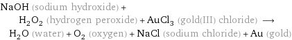 NaOH (sodium hydroxide) + H_2O_2 (hydrogen peroxide) + AuCl_3 (gold(III) chloride) ⟶ H_2O (water) + O_2 (oxygen) + NaCl (sodium chloride) + Au (gold)