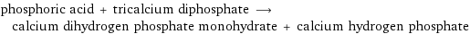 phosphoric acid + tricalcium diphosphate ⟶ calcium dihydrogen phosphate monohydrate + calcium hydrogen phosphate