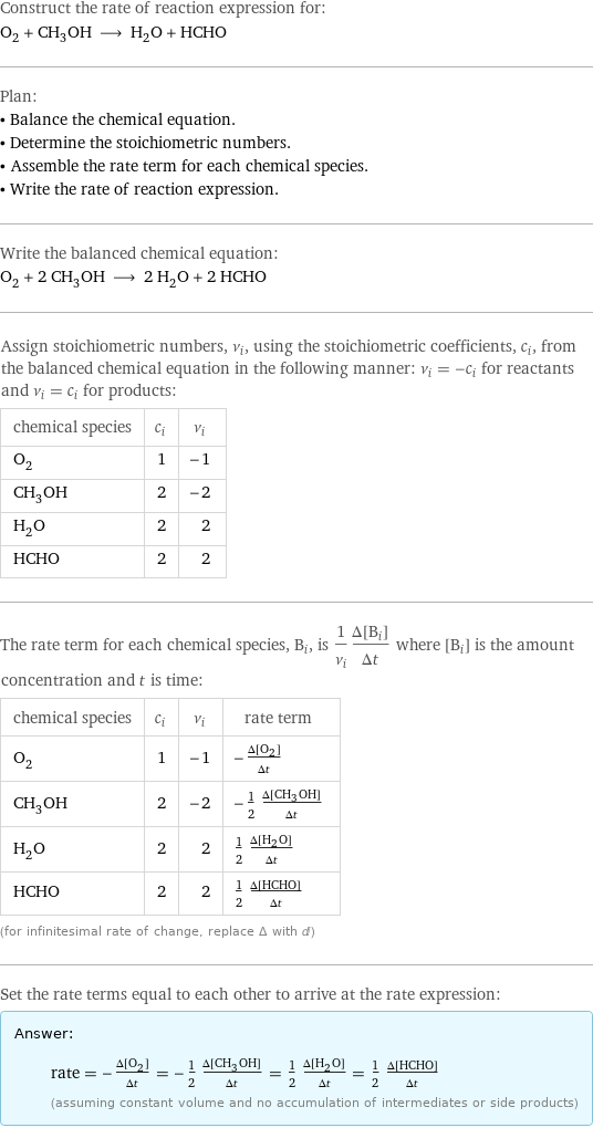 Construct the rate of reaction expression for: O_2 + CH_3OH ⟶ H_2O + HCHO Plan: • Balance the chemical equation. • Determine the stoichiometric numbers. • Assemble the rate term for each chemical species. • Write the rate of reaction expression. Write the balanced chemical equation: O_2 + 2 CH_3OH ⟶ 2 H_2O + 2 HCHO Assign stoichiometric numbers, ν_i, using the stoichiometric coefficients, c_i, from the balanced chemical equation in the following manner: ν_i = -c_i for reactants and ν_i = c_i for products: chemical species | c_i | ν_i O_2 | 1 | -1 CH_3OH | 2 | -2 H_2O | 2 | 2 HCHO | 2 | 2 The rate term for each chemical species, B_i, is 1/ν_i(Δ[B_i])/(Δt) where [B_i] is the amount concentration and t is time: chemical species | c_i | ν_i | rate term O_2 | 1 | -1 | -(Δ[O2])/(Δt) CH_3OH | 2 | -2 | -1/2 (Δ[CH3OH])/(Δt) H_2O | 2 | 2 | 1/2 (Δ[H2O])/(Δt) HCHO | 2 | 2 | 1/2 (Δ[HCHO])/(Δt) (for infinitesimal rate of change, replace Δ with d) Set the rate terms equal to each other to arrive at the rate expression: Answer: |   | rate = -(Δ[O2])/(Δt) = -1/2 (Δ[CH3OH])/(Δt) = 1/2 (Δ[H2O])/(Δt) = 1/2 (Δ[HCHO])/(Δt) (assuming constant volume and no accumulation of intermediates or side products)